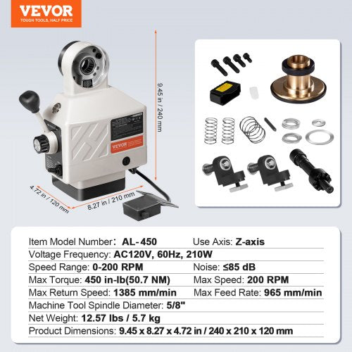 ZAxis Power Feed for Milling Machine 450 inlb Torque 0200RPM Adjustable