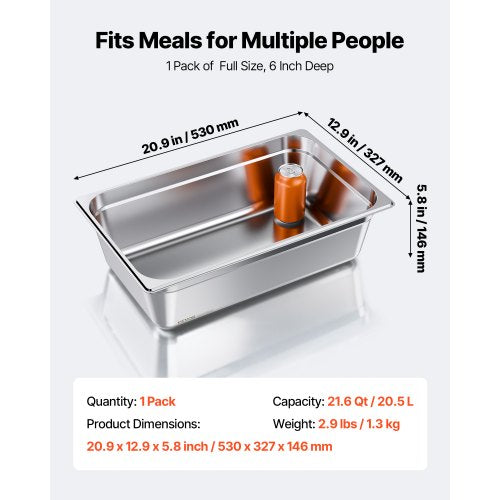 1 Pack Stainless Steam Hotel Pan Full Size Table Steam Pan 6 Inch Deep