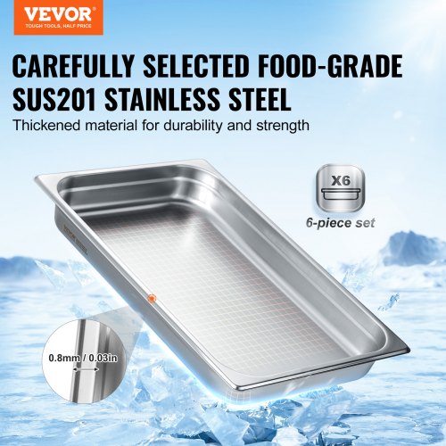 6 Pack Hotel Pans Full Size AntiJam Steam Pan 08mm Thick Stainless Steel
