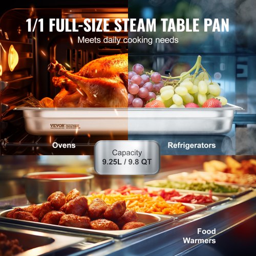 6 Pack Hotel Pans Full Size AntiJam Steam Pan 08mm Thick Stainless Steel