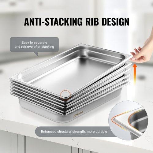6 Pack Hotel Pans Full Size AntiJam Steam Pan 08mm Thick Stainless Steel