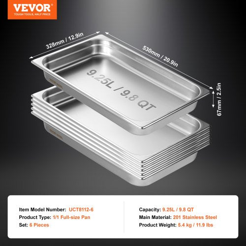 6 Pack Hotel Pans Full Size AntiJam Steam Pan 08mm Thick Stainless Steel