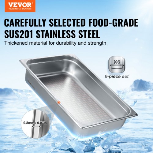6 Pack Hotel Pans Full Size AntiJam Steam Pan 08mm Thick Stainless Steel