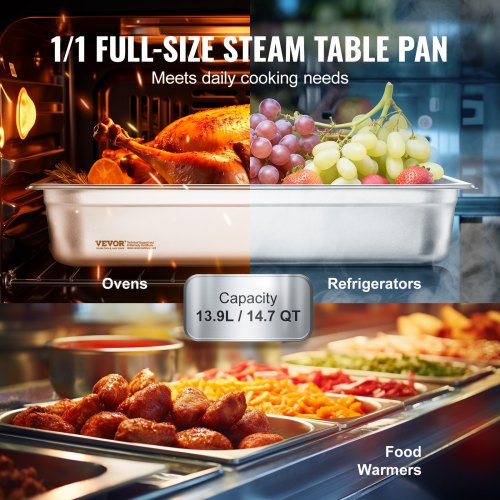 6 Pack Hotel Pans Full Size AntiJam Steam Pan 08mm Thick Stainless Steel