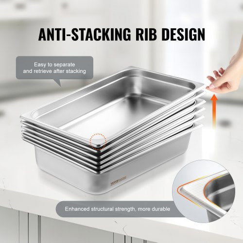 6 Pack Hotel Pans Full Size AntiJam Steam Pan 08mm Thick Stainless Steel