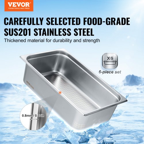 6 Pack Hotel Pans Full Size AntiJam Steam Pan 08mm Thick Stainless Steel
