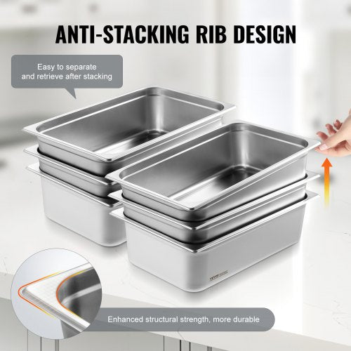 6 Pack Hotel Pans Full Size AntiJam Steam Pan 08mm Thick Stainless Steel