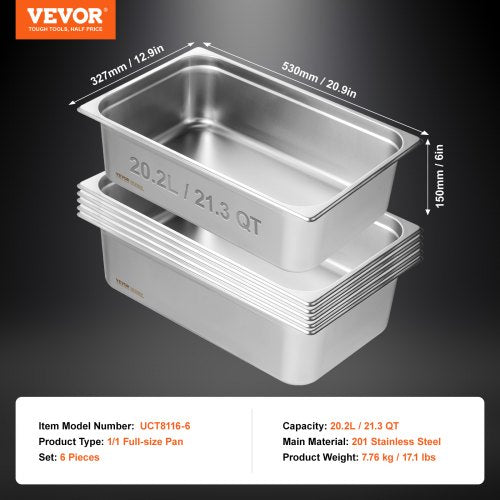 6 Pack Hotel Pans Full Size AntiJam Steam Pan 08mm Thick Stainless Steel