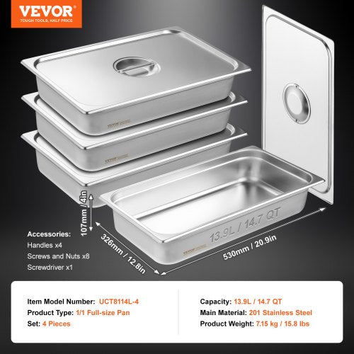 4 Pack Hotel Pans Full Size AntiJam Steam Pan with Lid 08mm Thick