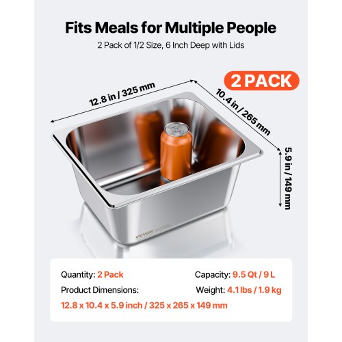 2 Pack Stainless Steam Hotel Pans 12 Size Table Steam Pans With Lids 6