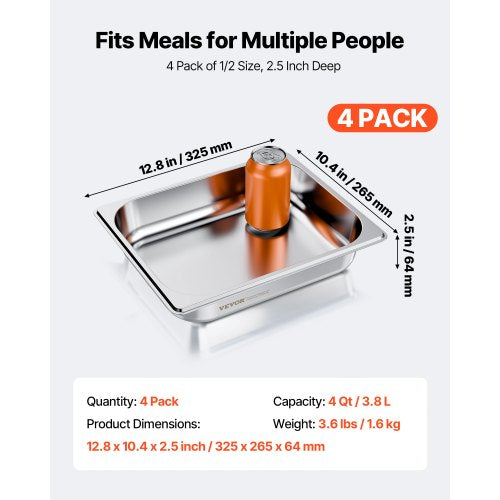 4 Pack Stainless Steam Hotel Pan 12 Size Table Steam Pan 2.5 Inch Deep