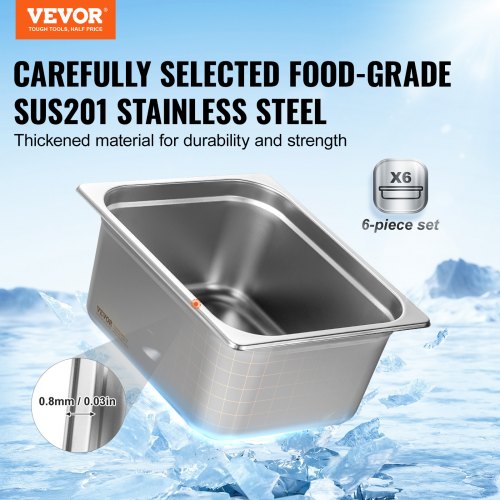 6 Pack Hotel Pans 12 Size AntiJam Steam Pan 08mm Thick Stainless Steel