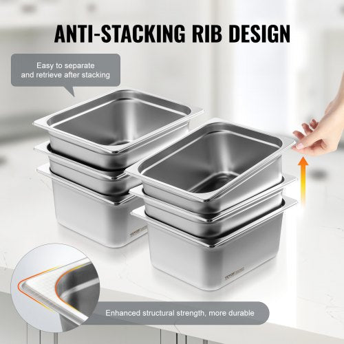 6 Pack Hotel Pans 12 Size AntiJam Steam Pan 08mm Thick Stainless Steel