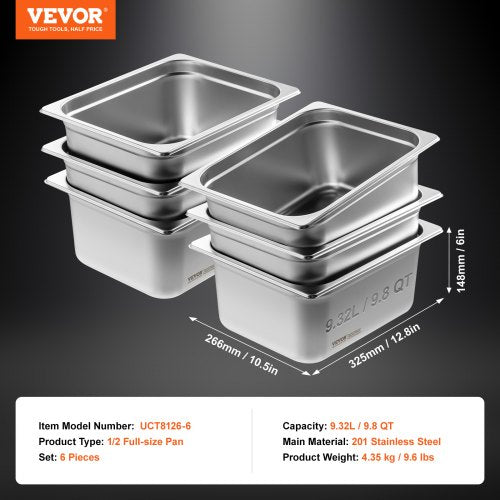 6 Pack Hotel Pans 12 Size AntiJam Steam Pan 08mm Thick Stainless Steel