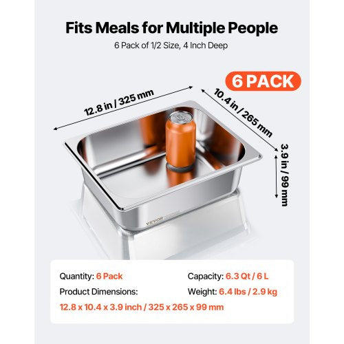 6 Pack Stainless Steam Hotel Pans 12 Size Table Steam Pan 4 Inch Deep