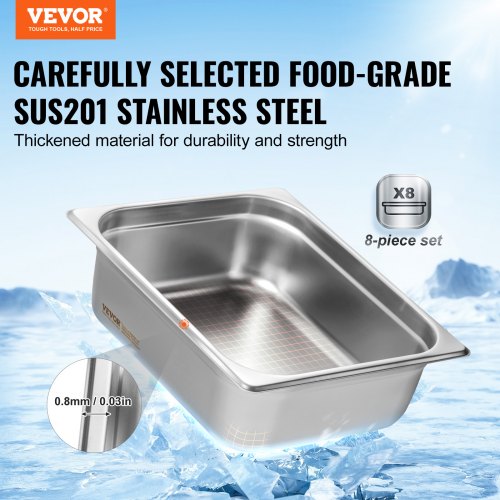 8 Pack Hotel Pans 12 Size AntiJam Steam Pan with Lid 08mm Thick