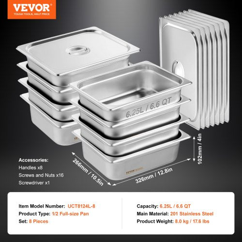 8 Pack Hotel Pans 12 Size AntiJam Steam Pan with Lid 08mm Thick