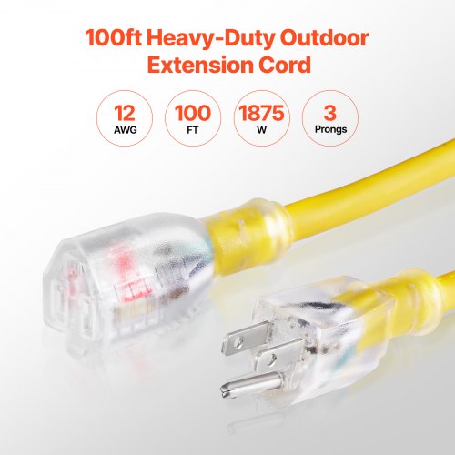 100FT Heavy Duty Extension Cord 12AWG 15Amps 1875W 3 Prongs Indoor Outdoor