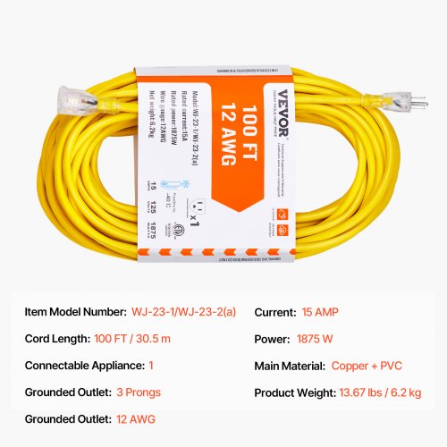 100FT Heavy Duty Extension Cord 12AWG 15Amps 1875W 3 Prongs Indoor Outdoor