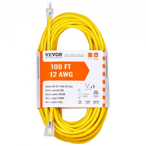 100FT Heavy Duty Extension Cord 12AWG 15Amps 1875W 3 Prongs Indoor Outdoor