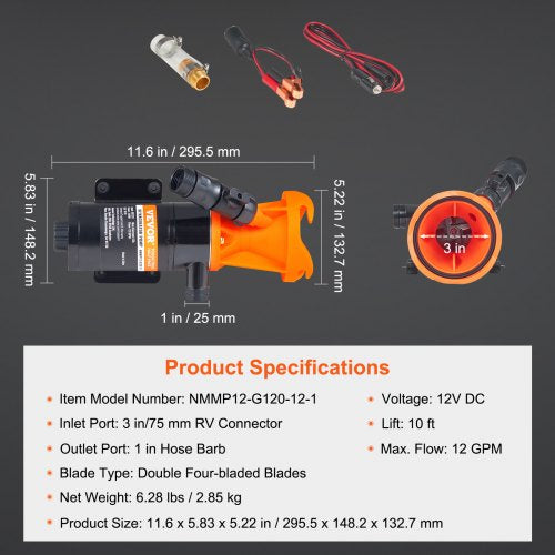 RV Portable Macerator Pump 12V 12GMP Quick Release RV Waste Pump RV