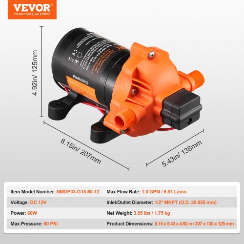 12V Diaphragm Pump 18GPM 681 Lmin 3Chamber Water Pump Pressure Switch