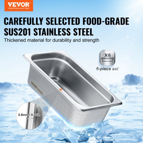 6 Pack Hotel Pans 13 Size AntiJam Steam Pan 08mm Thick Stainless Steel
