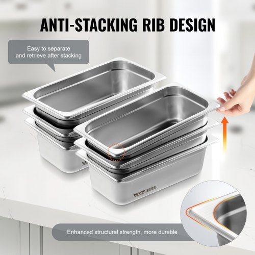 6 Pack Hotel Pans 13 Size AntiJam Steam Pan 08mm Thick Stainless Steel
