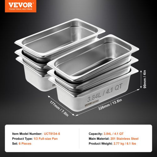 6 Pack Hotel Pans 13 Size AntiJam Steam Pan 08mm Thick Stainless Steel