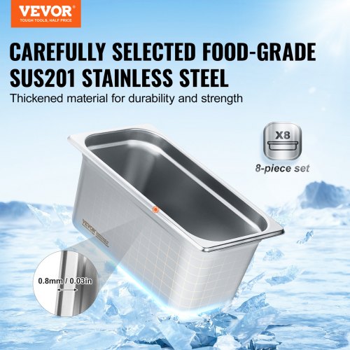 8 Pack Hotel Pans 13 Size AntiJam Steam Pan with Lid 08mm Thick