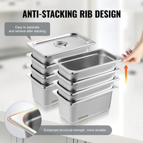 8 Pack Hotel Pans 13 Size AntiJam Steam Pan with Lid 08mm Thick