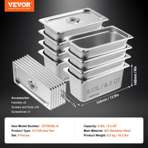 8 Pack Hotel Pans 13 Size AntiJam Steam Pan with Lid 08mm Thick