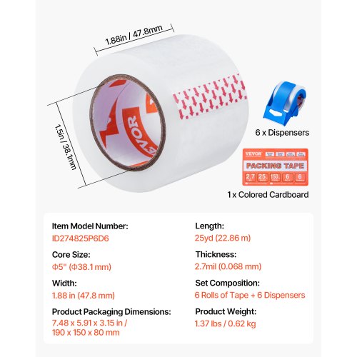 Clear Packing Tape 1.5 inches Core 6 Rolls 188 Inches x 25 Yards Packing