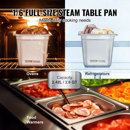 6 Pack Hotel Pans 16 Size AntiJam Steam Pan 08mm Thick Stainless Steel