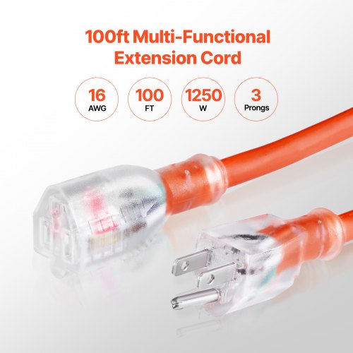 100FT Indoor Outdoor Extension Cord 16AWG 10Amps 1250W 3 Prongs Appliance