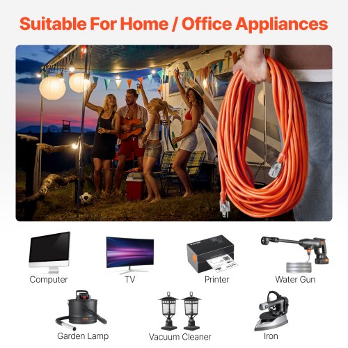 100FT Indoor Outdoor Extension Cord 16AWG 10Amps 1250W 3 Prongs Appliance