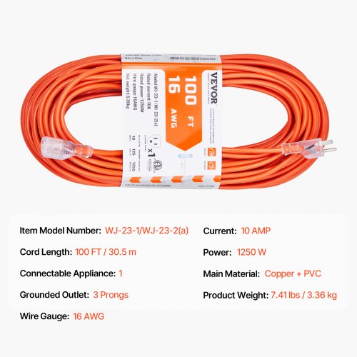 100FT Indoor Outdoor Extension Cord 16AWG 10Amps 1250W 3 Prongs Appliance