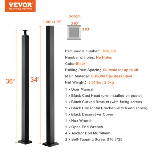 Cable Support Post 36 Height 2 Width Steel Construction No Predrilled