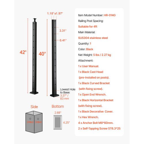 Cable Railing Post 42x1x2 Inch Corner Railing Post with LShaped