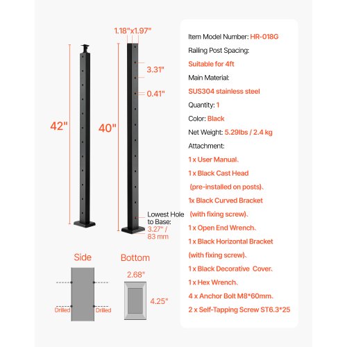 Cable Railing Post 42x1x2 Inch Level Deck Stair Posts 1Pack Stainless