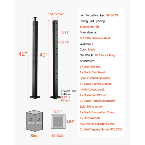 Cable Railing Post 42x2x2 Inch Corner Railing Post with LShaped