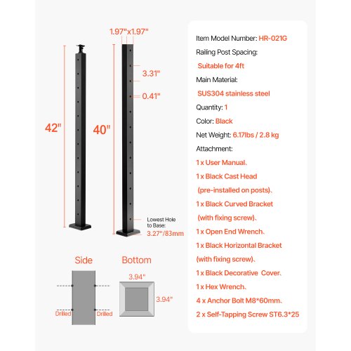 Cable Railing Post 42x2x2 Inch Level Deck Stair Posts 1Pack Stainless