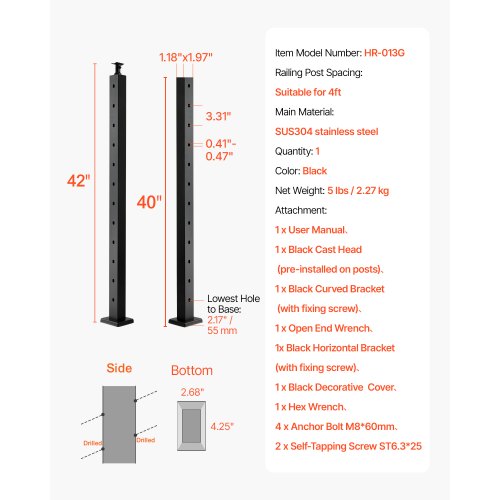 Cable Railing Post 42x1x2 Inch Stair Railing Post with PreDrilled 30°