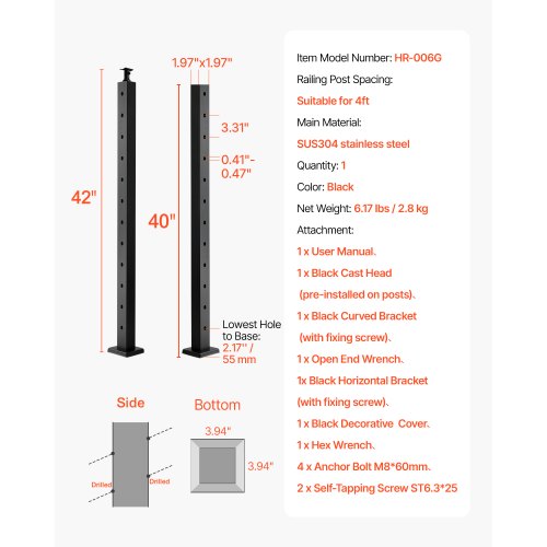 Cable Railing Post 42x2x2 Inch Stair Railing Post with PreDrilled 30°