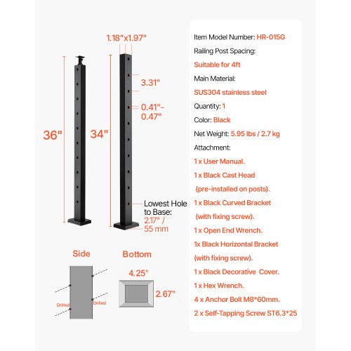 Cable Railing Post 36x1x2 Inch Stair Railing Post with PreDrilled 30°