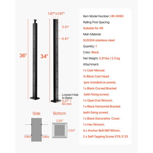 1Pack Cable Railing Post 36x2x2 In HorizontalHole Deck Railing Post