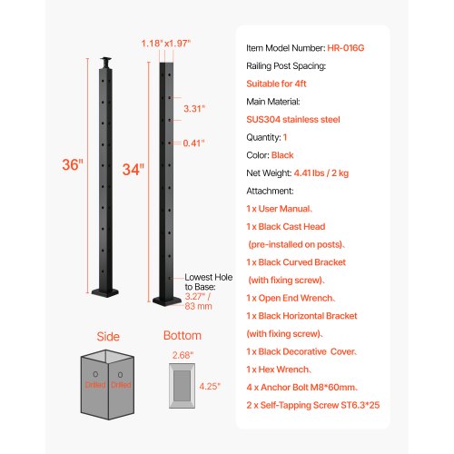 Cable Railing Post 36x1x2 Inch Corner Railing Post with LShaped