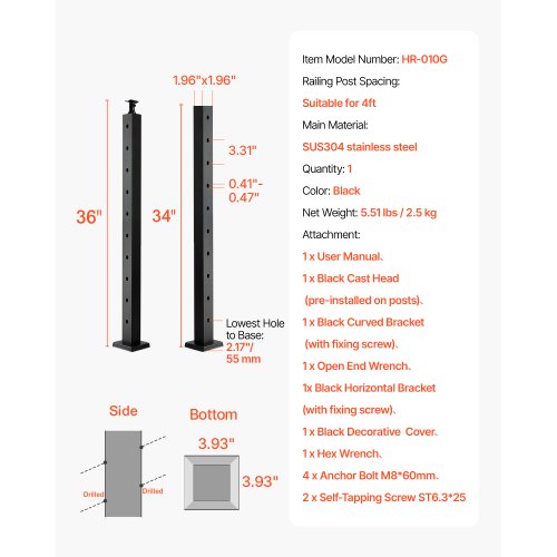 Cable Railing Post 36x2x2 Inch Stair Railing Post with PreDrilled 30°