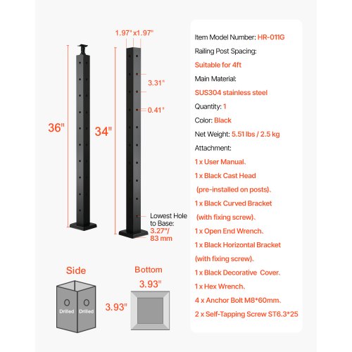Cable Railing Post 36x2x2 Inch Corner Railing Post with LShaped