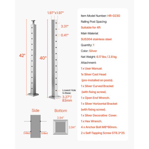 Cable Railing Post 42x2x2 Inch Level Deck Stair Posts 1Pack Stainless